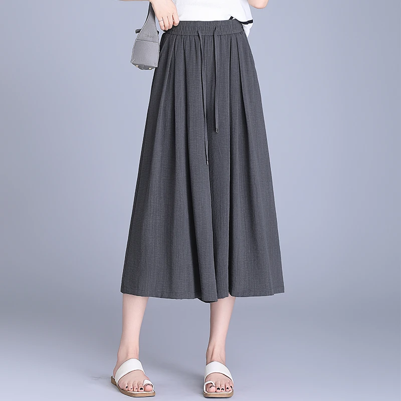 松紧腰抽绳阔腿七分裤女2025年夏款新款高腰坠感气质韩版宽松裙裤