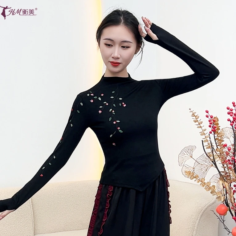 古典舞蹈练功服不规则半高圆领刺绣套指长袖女款现代舞蹈演出服装