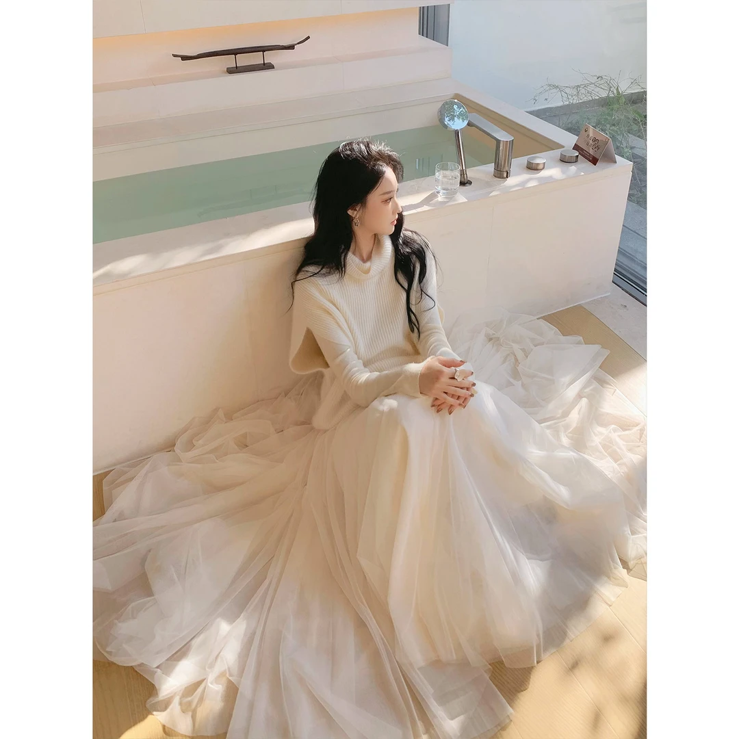 有洧Youwei【月光小调】米色纱裙半身裙女夏长款网纱裙子24FW0069