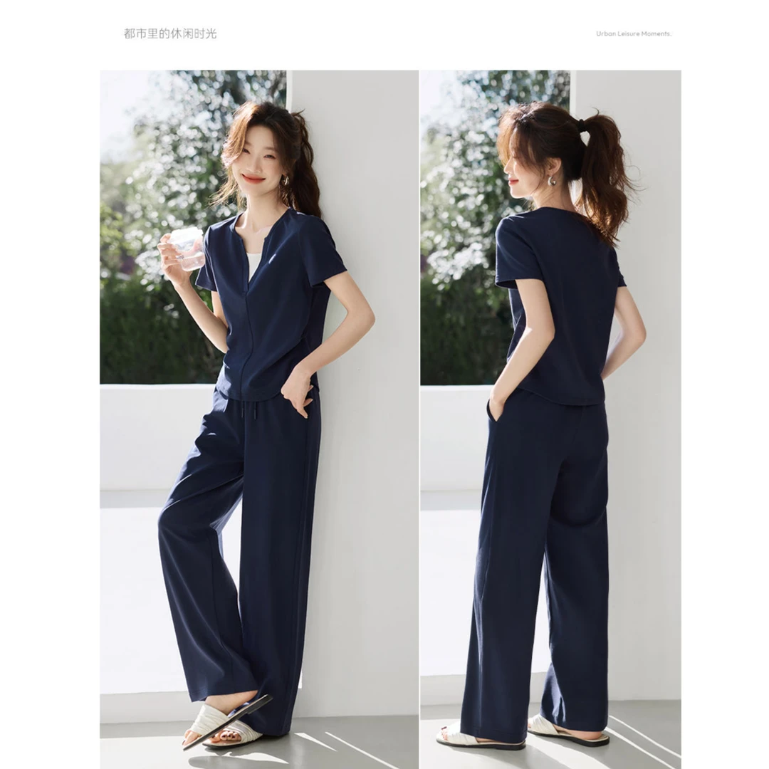 时尚撞色拼接T恤休闲裤套装2025夏新款设计感运动风时尚套装