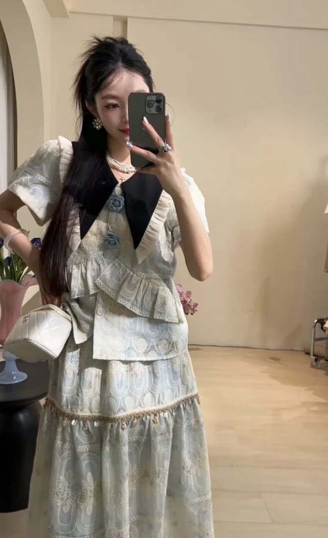 十一原创【青花瓷】套装 刺绣拼接风情欧若风时尚气质显瘦