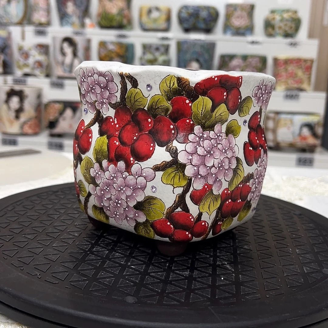 微瑕手绘陶瓷花盆口11