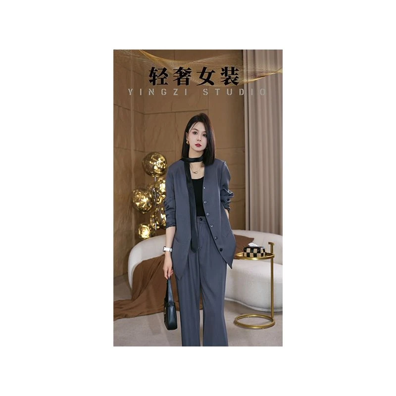 2025年新款春季无领西装外套女裤子套装领带小西服