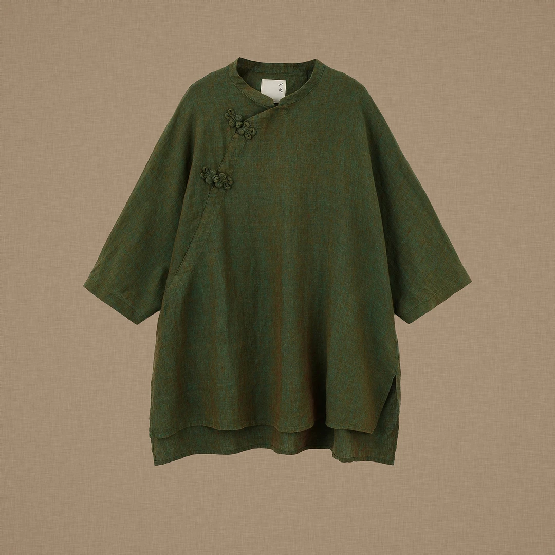 【以之】设计师品牌原创色织亚麻大版上衣复古禅意斜襟国风盘扣小衫
