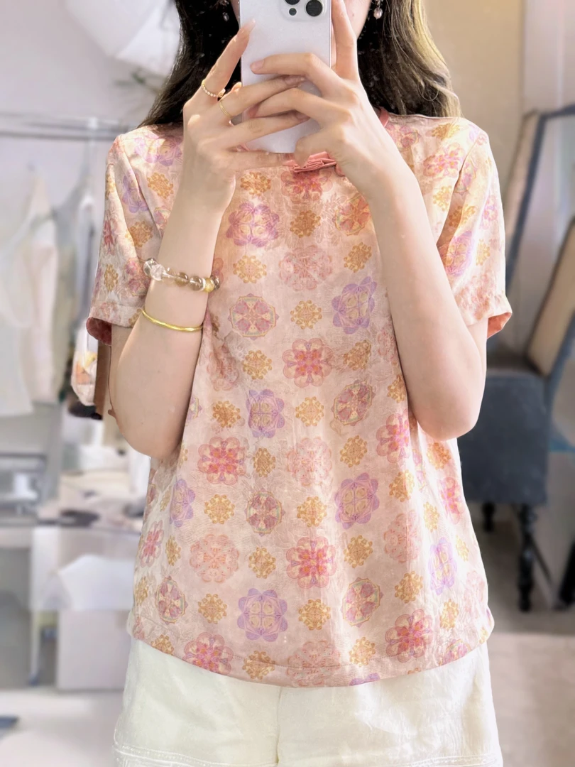 【粉漪·蔓春罗】 桑蚕丝新中式国风夏季圆领粉色绞罗透气短袖25715