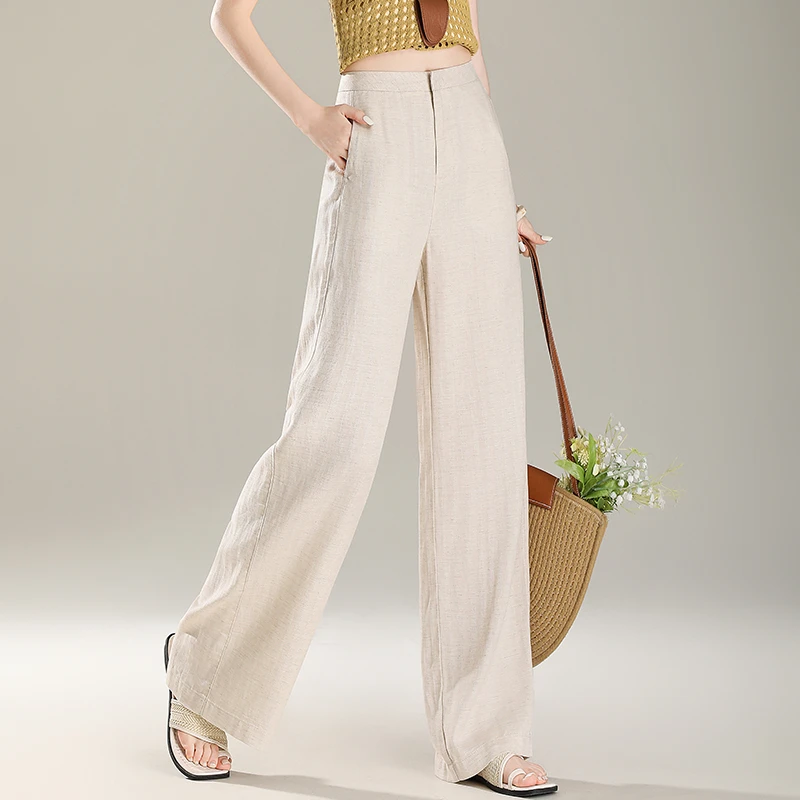 正品高端时尚天丝亚麻休闲阔腿裤女宽松2025时尚垂感夏季薄款裤子
