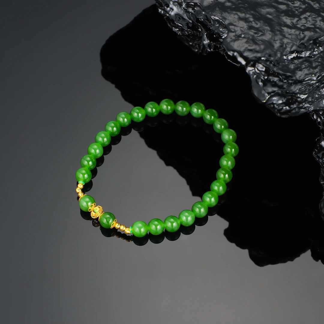 【精品】18K金配件6mm碧玉阳绿色珠珠手串HNZ11329