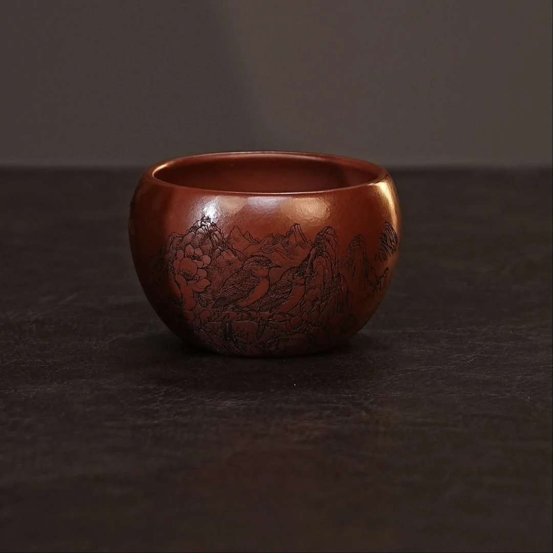 宜兴紫砂茶具 本山料大红袍泥料刻绘山水花鸟主人杯品茗杯