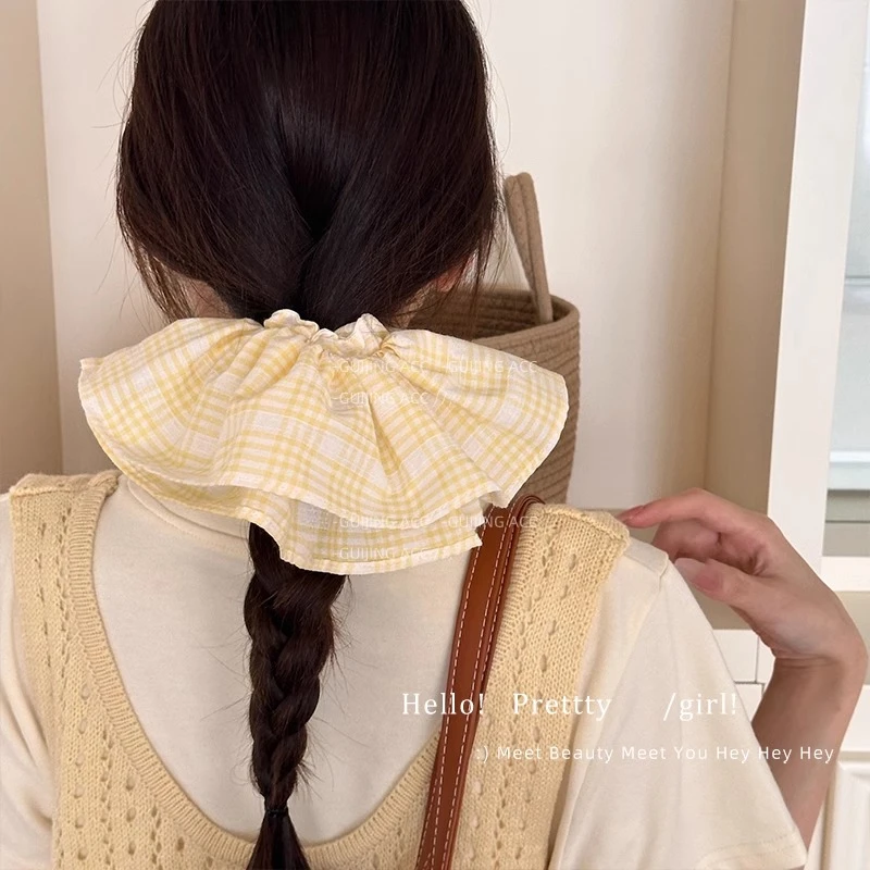 韩系黄色格子裙摆发圈女高级感气质扎发头花2025新款大肠发绳头饰
