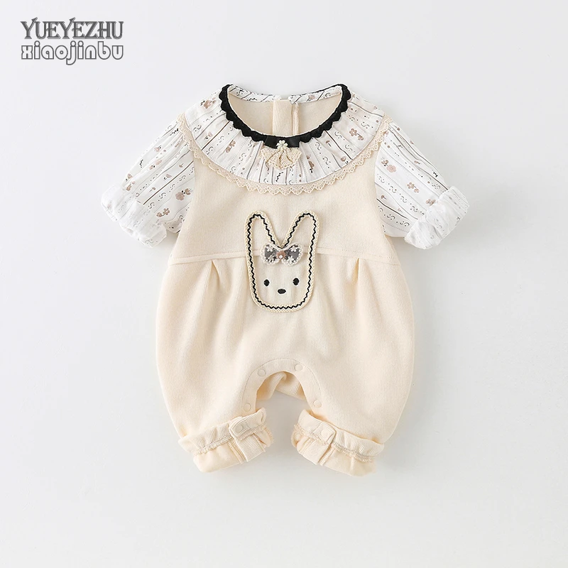 婴儿连体衣秋季长袖女宝宝假两件衣服秋装韩版可爱洋气哈衣爬服潮
