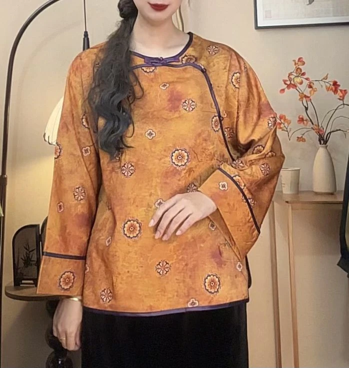 【秋香】新中式重磅提花中国风斜襟花纹圆领上衣碎花常规款长袖上衣