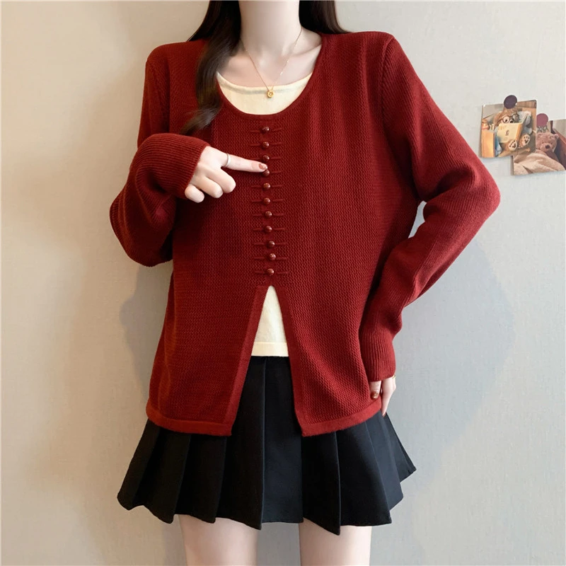 大码慵懒风假两件红色毛衣女秋冬胖MM宽松显瘦百搭洋气针织打底衫