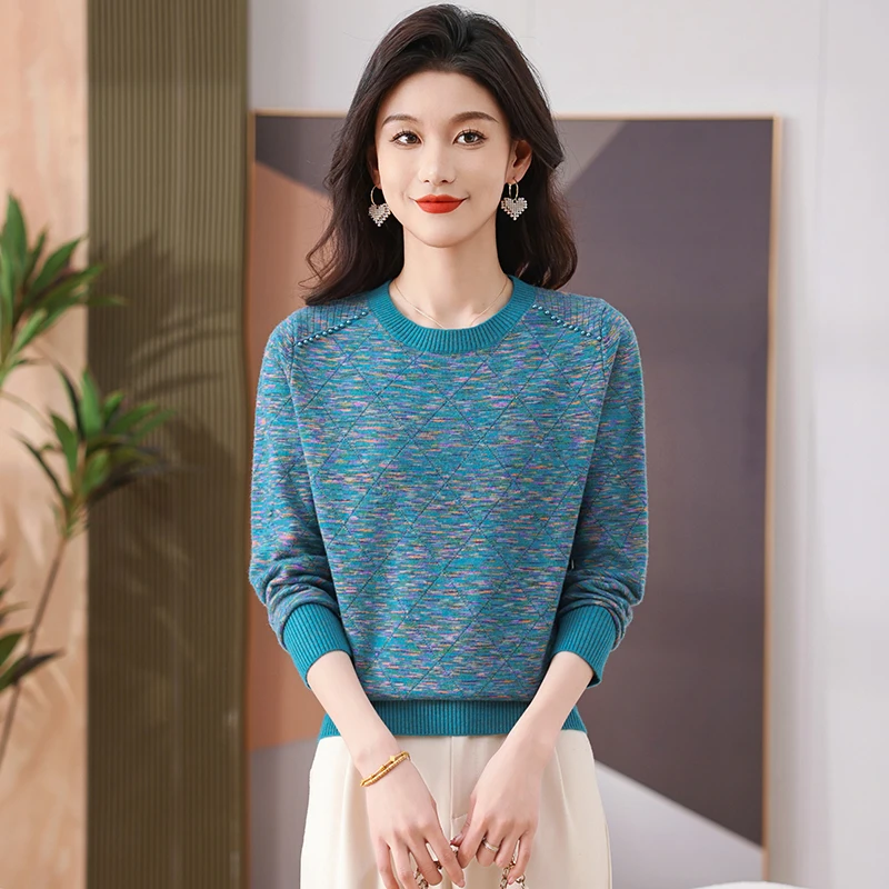 2025新款春秋圆领女装长袖洋气宽松彩纱气质时尚针织显瘦百搭
