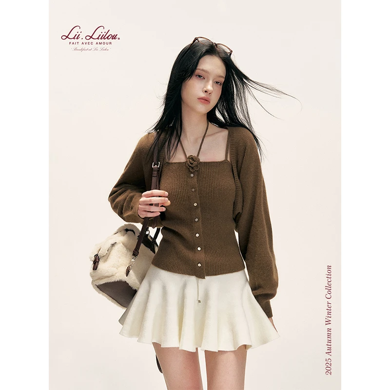 Liilou Balletcore 浣熊绒绵羊毛 立体钩花针织吊带开衫两件套