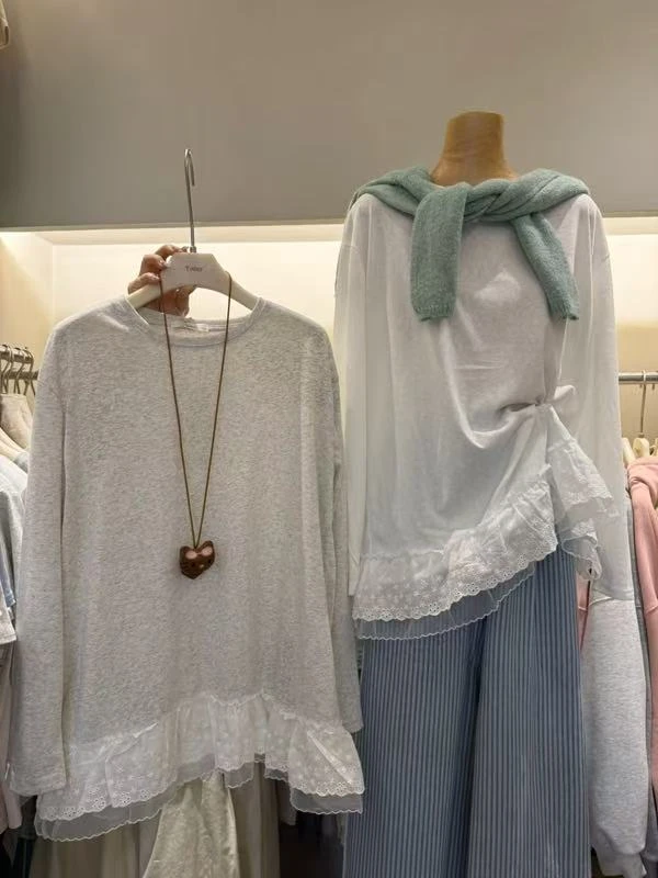 温柔瑶-十三行上新#韩系极简拼接蕾丝边减龄上衣#1062