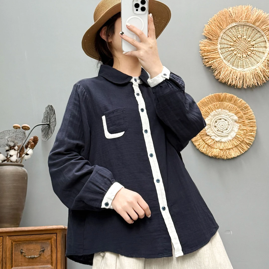 秋装女款2024新款藏青色衬衣设计感外搭打底上衣纯棉长袖衬衫外套