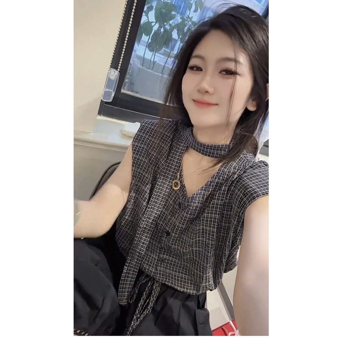 设计感超好看独特气质格子衬衫黑色阔腿裤套装女士夏季2025新款潮