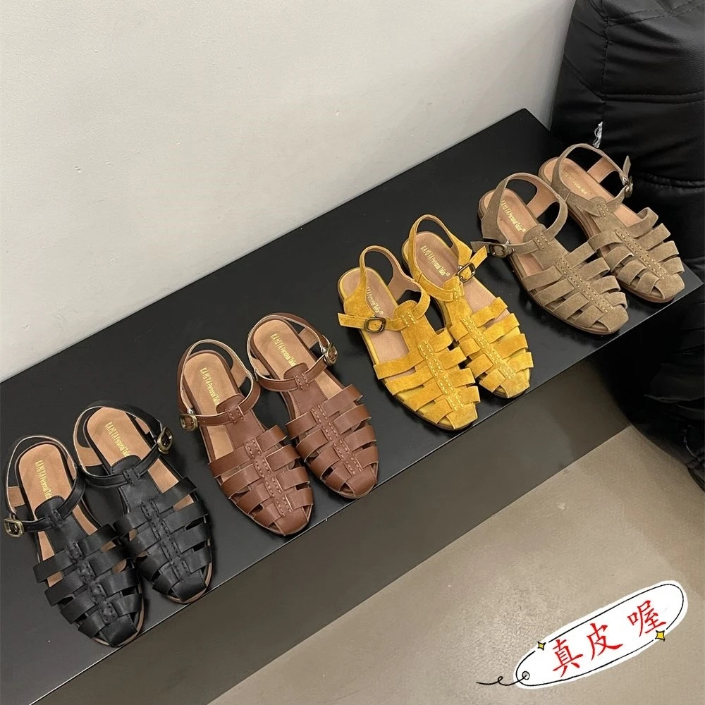 夏季软底包头镂空凉鞋女夏2025年复古休闲平底罗马编织法式潮