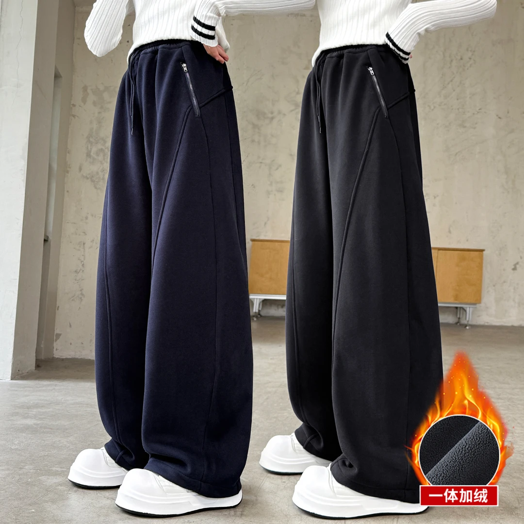 女童加绒裤子冬季2025新款儿童加厚休闲裤冬装女大童一体绒阔腿裤