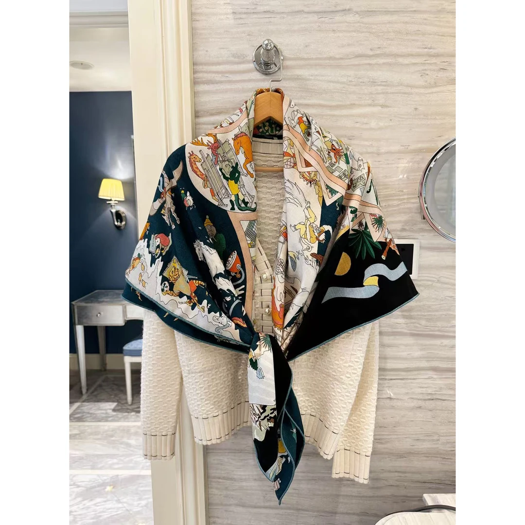 NINASOLOR马术学院高级墨绿柔软丝羊毛大方巾保暖围巾冬季披肩