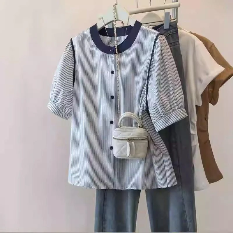 大码女装胖mm高级感洋气短袖衬衫夏季宽松遮肚子休闲减龄开衫上衣