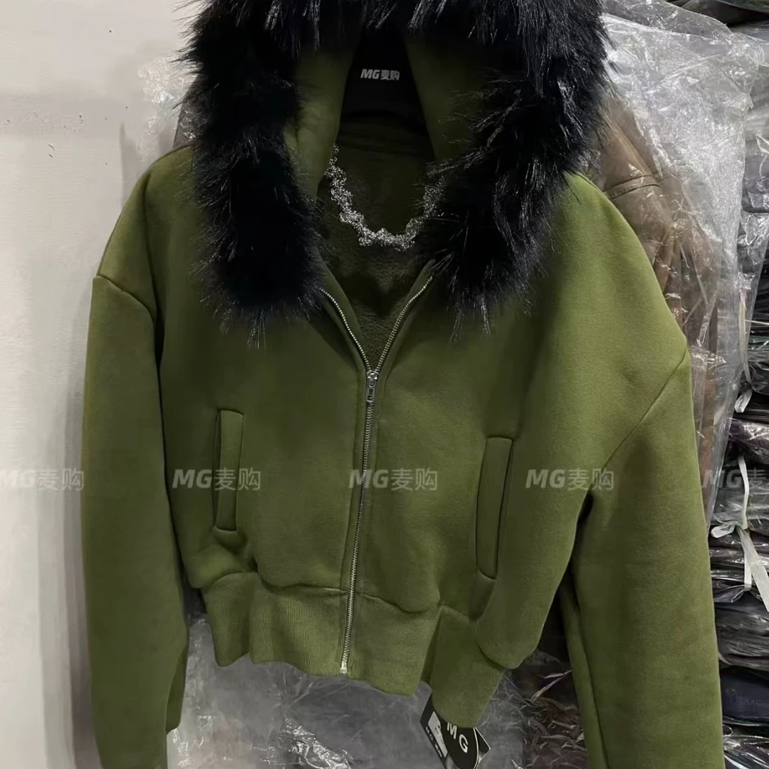 冬季加厚保暖双面毛领连帽卫衣外套阔腿裤女时髦宽松百搭套装