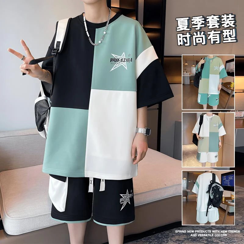 男士短袖t恤套装夏季新款港风潮流时尚休闲百搭帅气青少年两件套