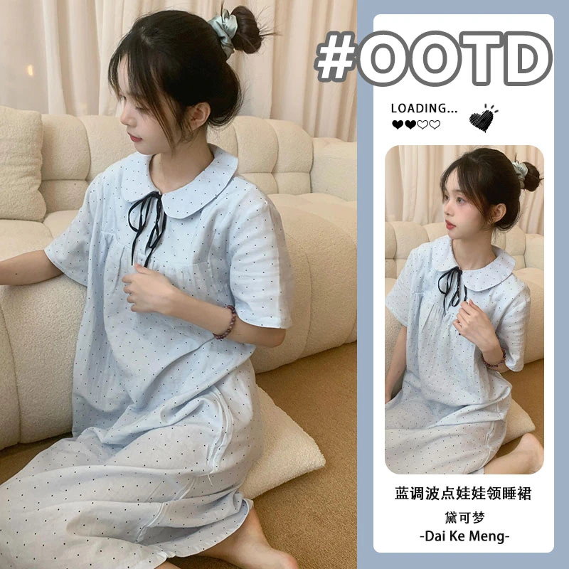 甜美波点睡裙女夏季气质感娃娃领中长款短袖连衣裙可外穿家居服夏
