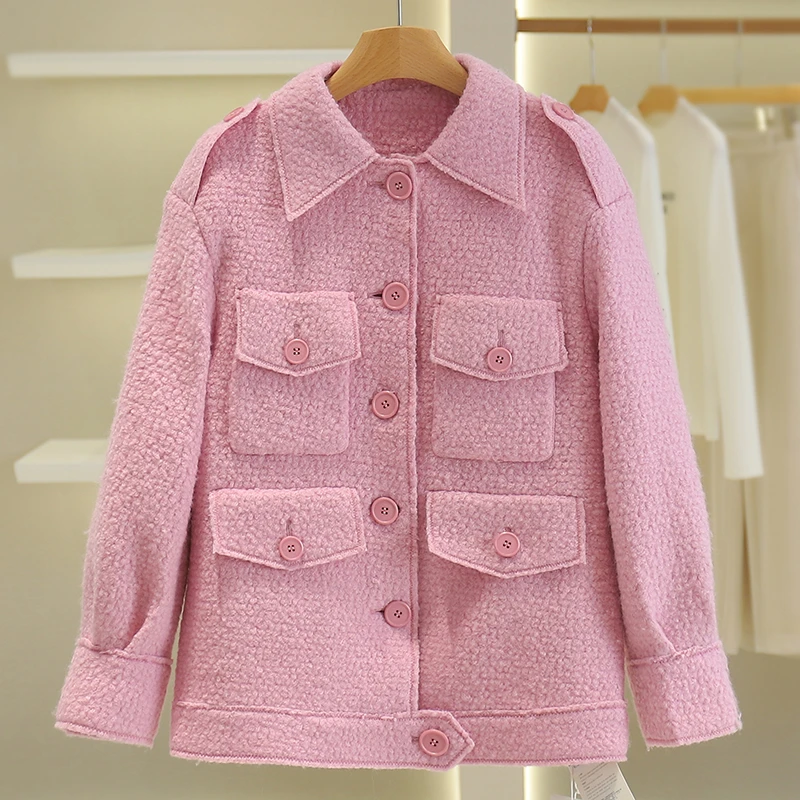 【伍莎-自营】单排扣纯色宽松毛呢外套#VZA38W001