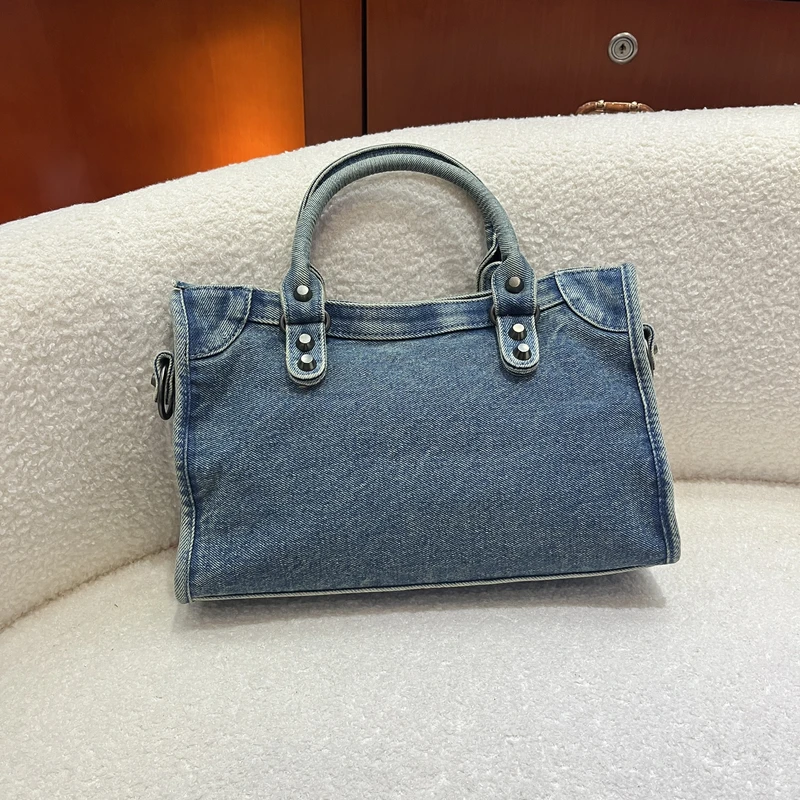 【八八八】高奢新款复古水洗牛仔机车托特包手提单肩斜挎包