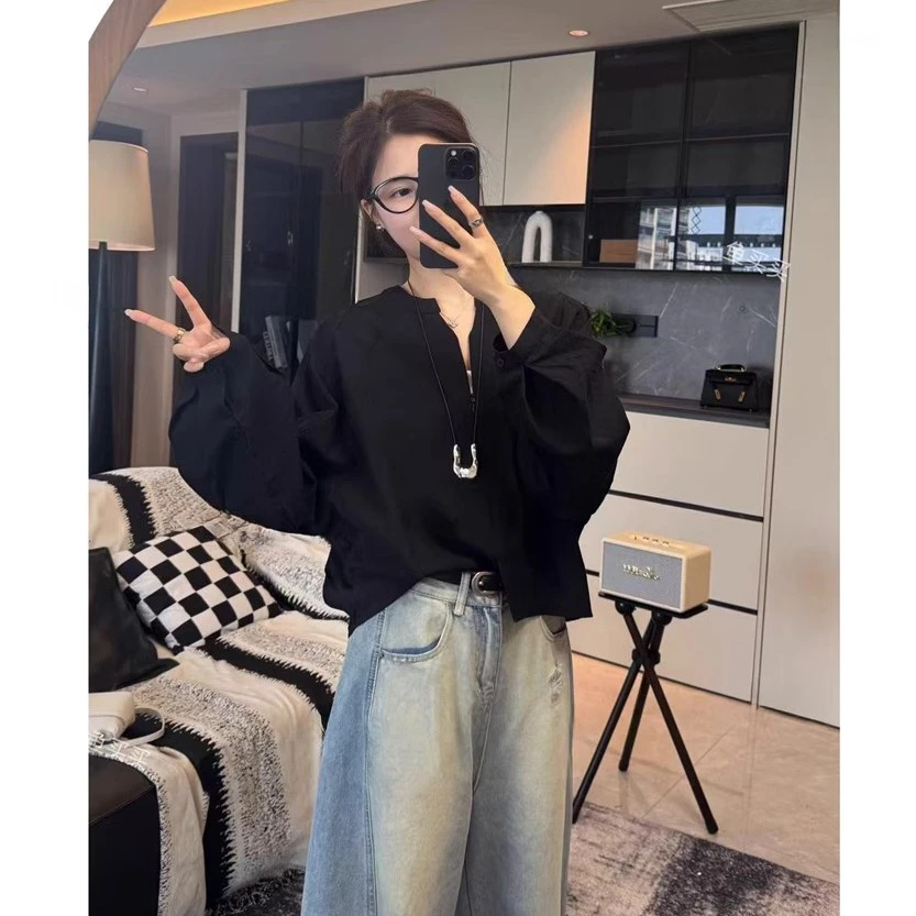 长袖衬衫女2025春季新款欧韩货设计感小众插肩袖宽松百搭网红上衣