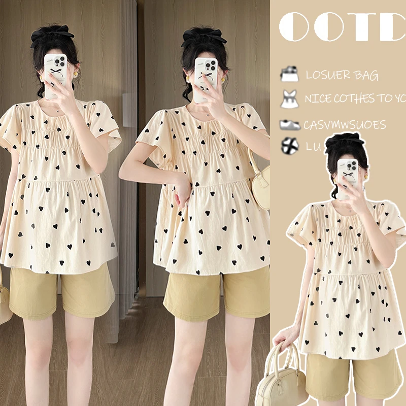 Y3489#3.13孕妇夏宽松显瘦爱心时尚百搭甜美减龄潮妈上衣