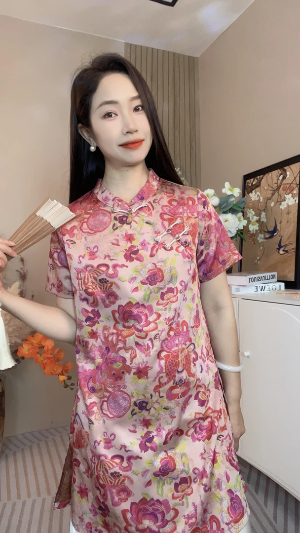 常规印花中国风立领夏季提花长款新中式上衣