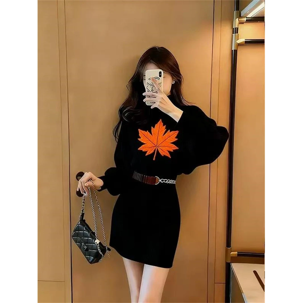 INS CEC慵懒风黑色提花连衣裙爆款初冬小个子收腰显瘦a字短裙