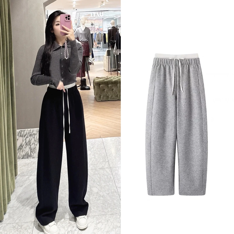 K1103【M】冬新款抽绳松紧高腰拼接双腰宽松香蕉裤卫裤休闲裤长裤女