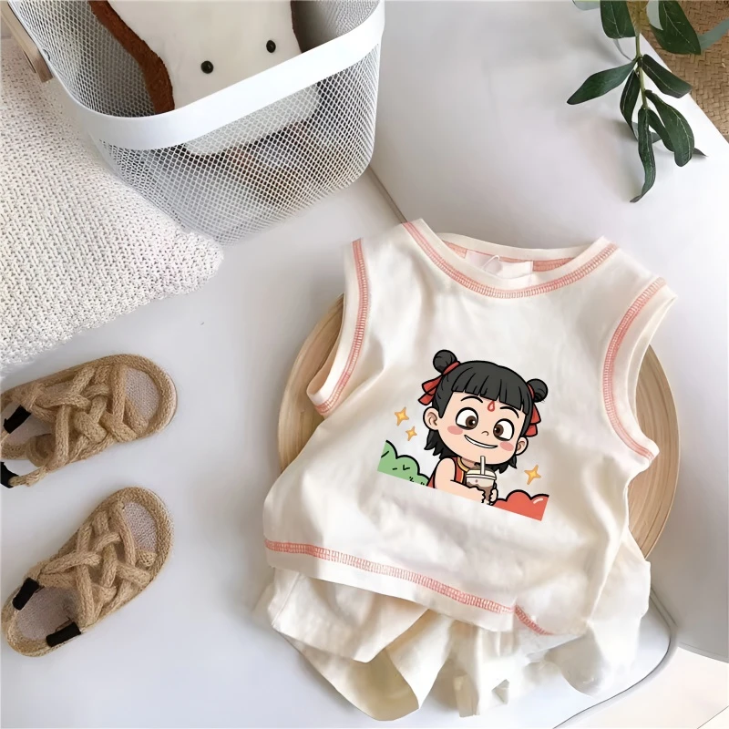 哪吒夏季可爱男童装无袖背心套装短袖T恤两件套中小女孩宝宝婴儿