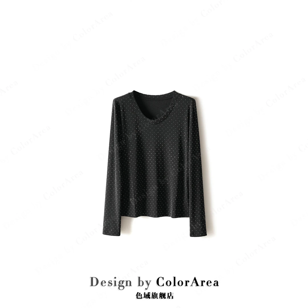 ColorArea/色域春季新款重工满钻百搭亲肤U领长袖上衣烫钻T恤