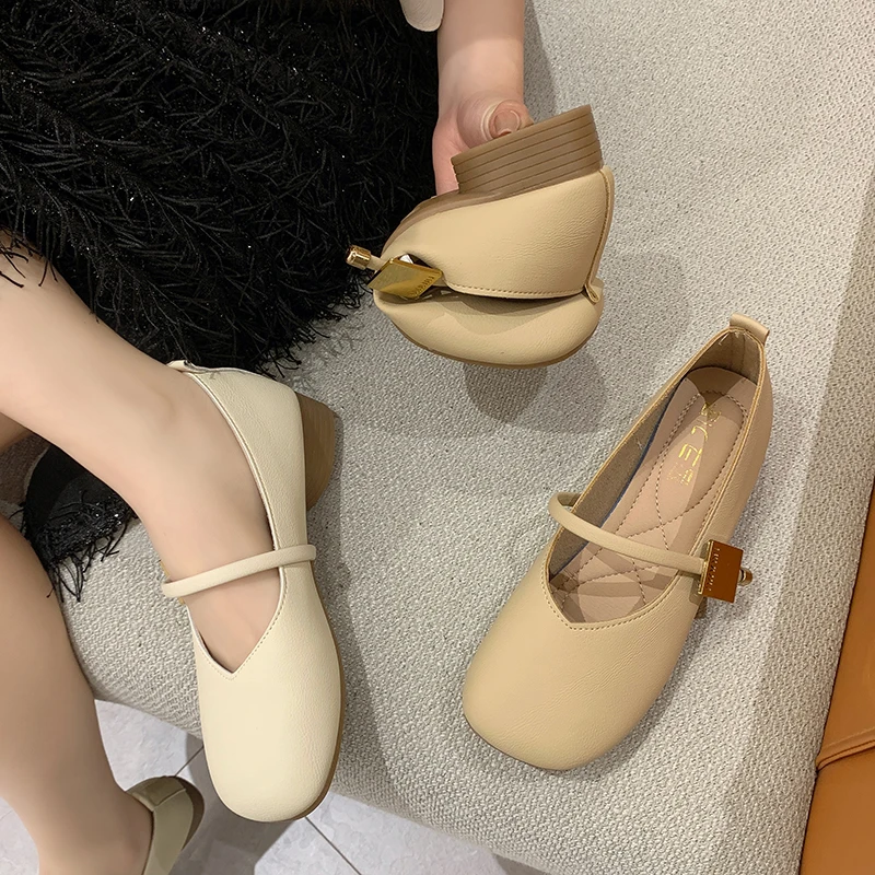 法式女鞋粗跟平底鞋方头夏季豆豆鞋防滑单鞋粗跟女单鞋复古