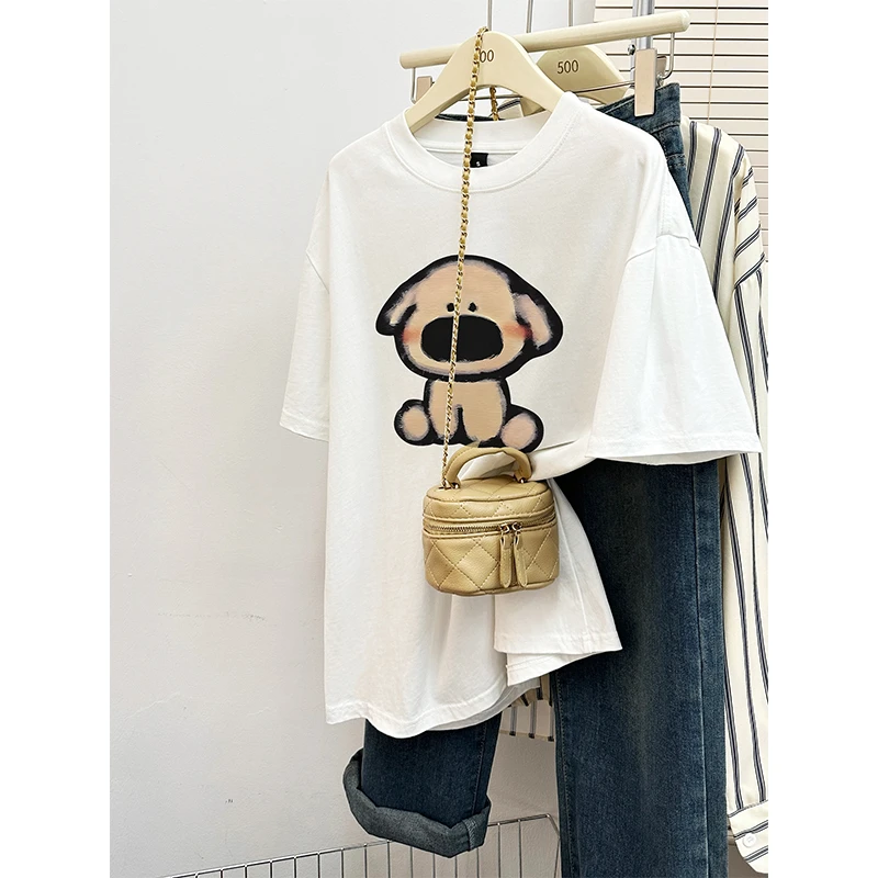 纯棉短袖T恤女装早春新款小狗印花减龄时尚百搭休闲宽松上衣潮ins