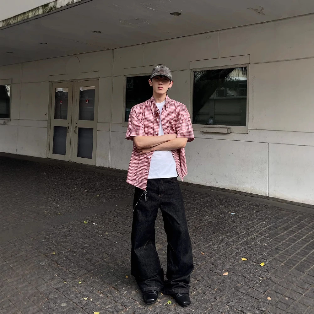 2025年新款 美式休闲格纹短袖衬衫男宽松百搭格子短款衬衣上衣潮