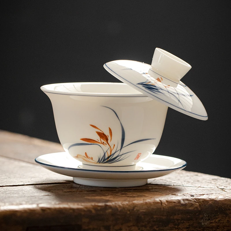手绘兰花悬停盖碗公道杯泡茶器具陶瓷茶杯三才盖碗功夫茶具瓷盖碗