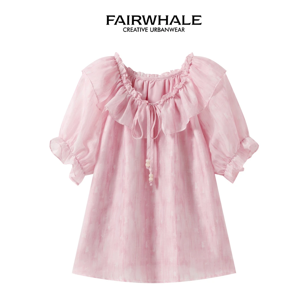 马克华菲女装夏季甜美浪漫领口大荷叶边装饰短袖衬衫 F52004A086