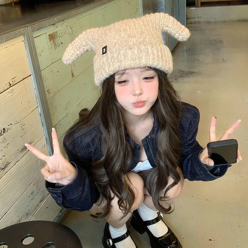 毛绒耳朵针织帽女冬季加厚保暖甜美百搭毛线帽显脸小护耳套头帽子