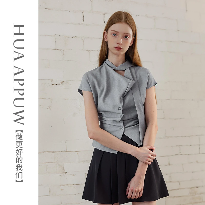 画朴荡领设计感小飞袖系扣开叉飘带显高系带收腰衬衫2025夏季新款