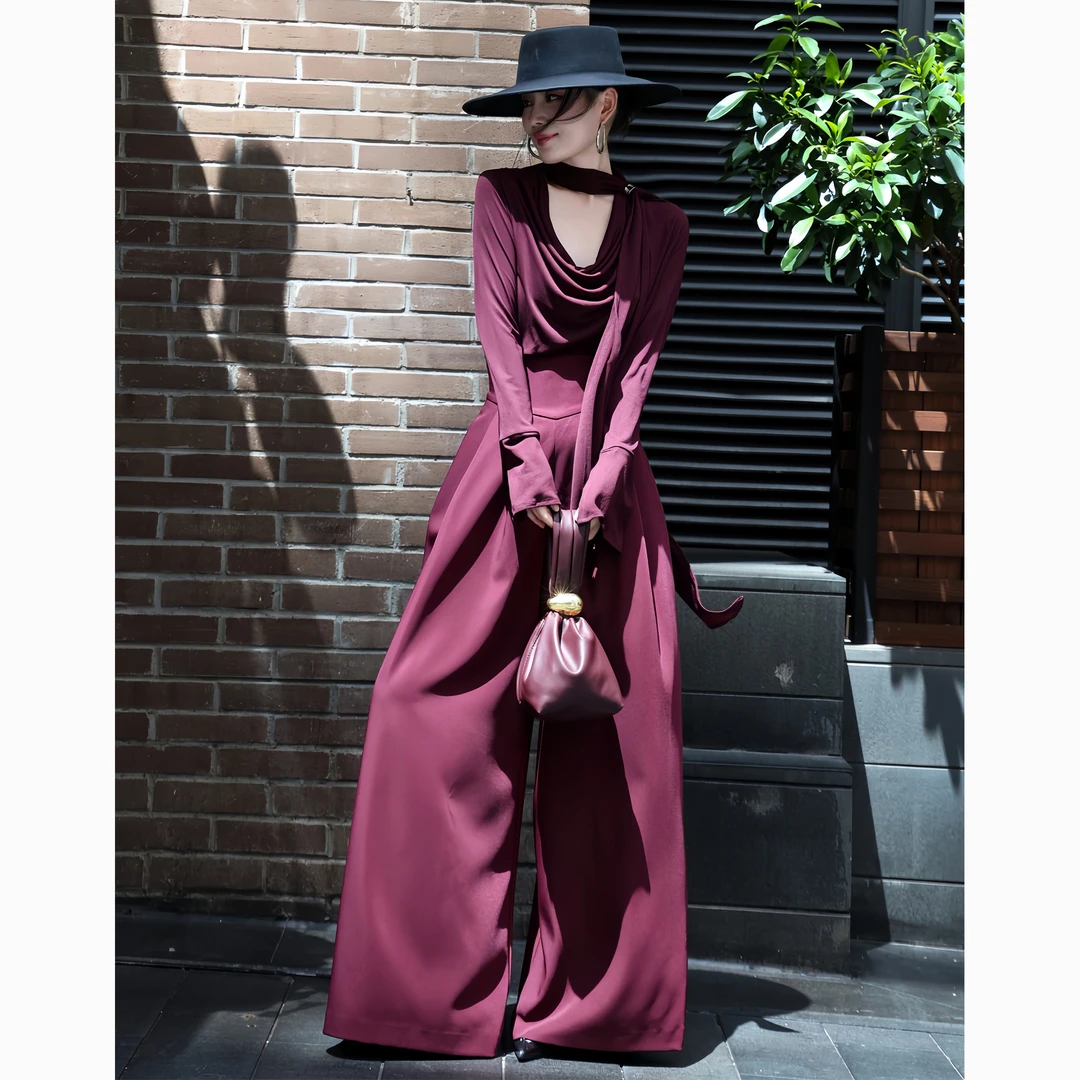 ZEROYK休闲风套装女设计感名媛气质飘带醋酸衬衣阔腿裤时尚套装