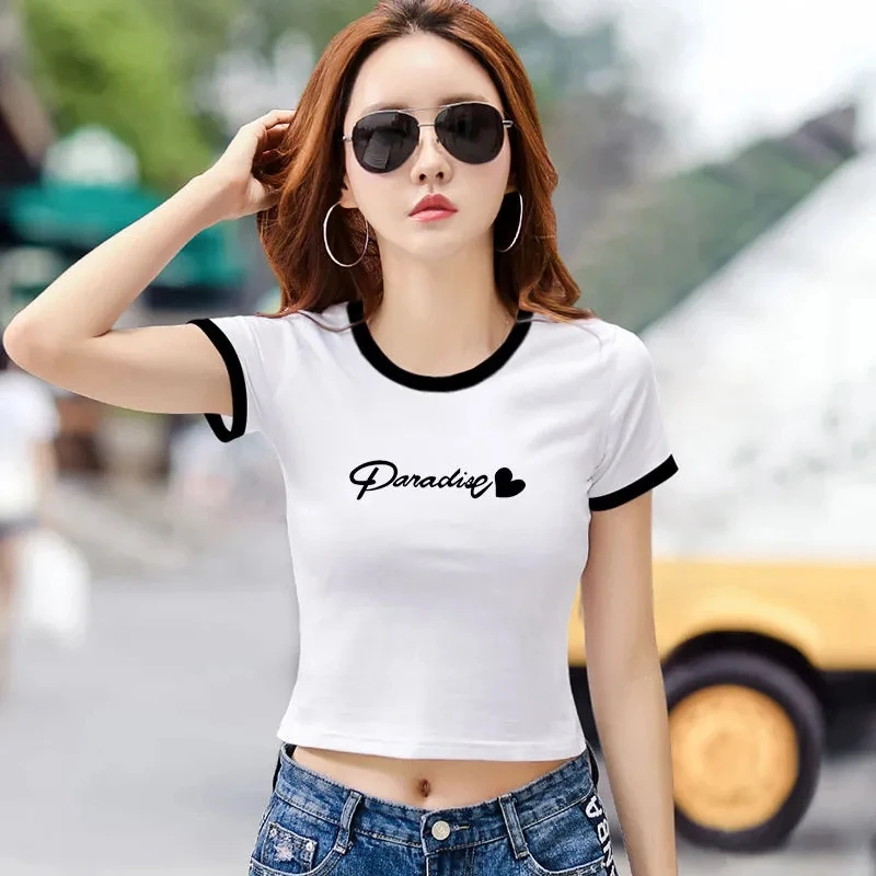 白色露脐短袖T恤女2025夏季新款韩版修身高腰短款学生拼接t恤上衣