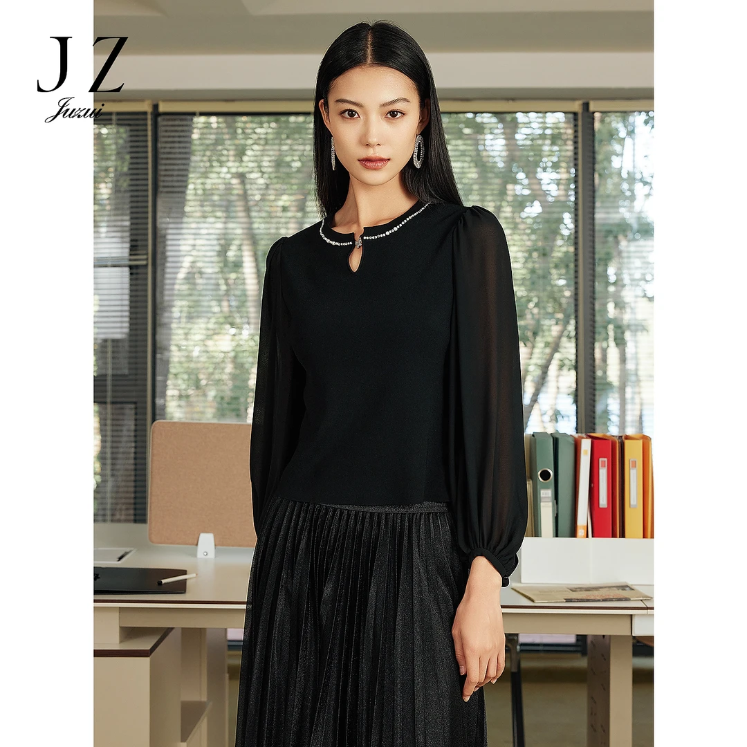 【尚雅专属】JZ玖姿JWFC31017商场同款泡泡袖拼接针织衫女春季