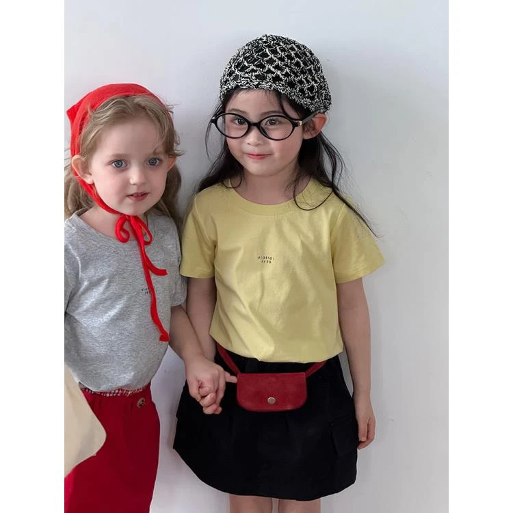 儿童三色字母短袖T恤2025夏季新款韩版简约字母圆领针织T恤衫