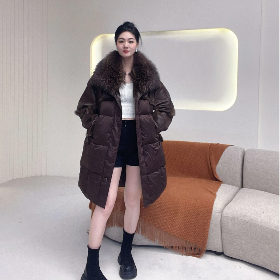 【锅锅】貉子毛大毛领设计师皮草鹅绒长款外套皮毛一体