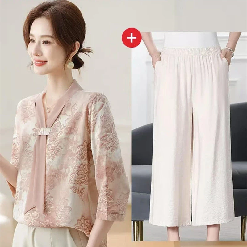 A夏季爆款减龄气质洋气时尚薄款小衫套装妈妈装两件套T11